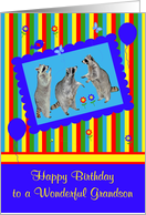 Birthday to Grandson, adorable raccoons in a cute blue frame, balloons card