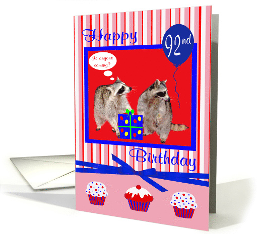 92nd Birthday with Adorable Raccoons Holding on to a Present card