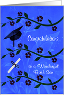 Congratulations to Birth Son on Graduation, Flowers with cap, diploma card