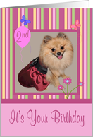 2nd Birthday, Adorable Pomeranian smiling wearing a pretty dress card
