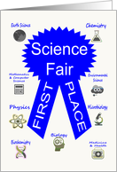 Congratulations, Getting First Place in the Science Fair, blue ribbon card