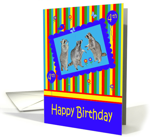 4th Birthday, adorable raccoons in a cute blue frame with... (934613)