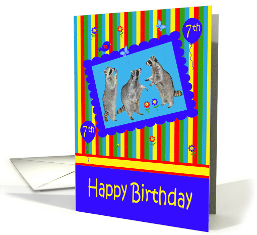 7th Birthday, adorable raccoons in a cute blue frame with... (934618)