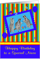 Birthday to Niece, adorable raccoons in a cute blue frame, balloons card