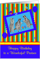 Birthday to Partner, adorable raccoons in a cute blue frame, balloons card