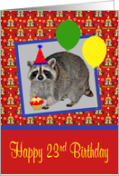 23rd Birthday, adorable raccoon wearing a party hat with a cupcake card