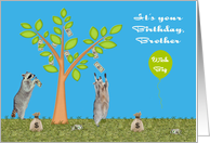 Birthday to Brother, two adorable raccoons with a money tree, balloon card