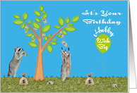 Birthday To Husband, Raccoons with a money tree on blue, money bags card
