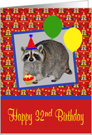 32nd Birthday, adorable raccoon wearing a party hat with a cupcake card