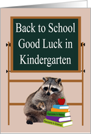 Back to School in Kindergarten, Raccoon With Books, apple, board card