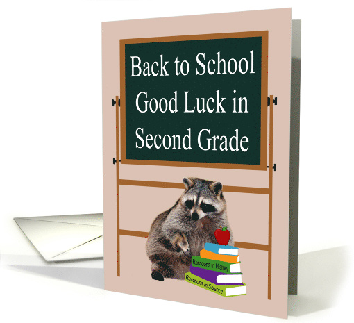 Back to School in Second Grade Raccoon with Books and an Apple card