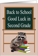 Back to School in Second Grade Raccoon with Books and an Apple card