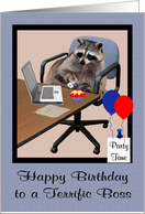 Birthday to Boss, A raccoon sitting in a office setting with balloons card