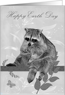 Earth Day with a Raccoon Sitting on Tree Limb on Flower Background card