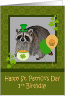 1st Birthday on St. Patrick’s Day, Raccoon, Balloons and Shamrocks card