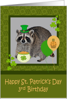 3rd Birthday on St. Patrick’s Day, Raccoon, Balloons and Shamrocks card