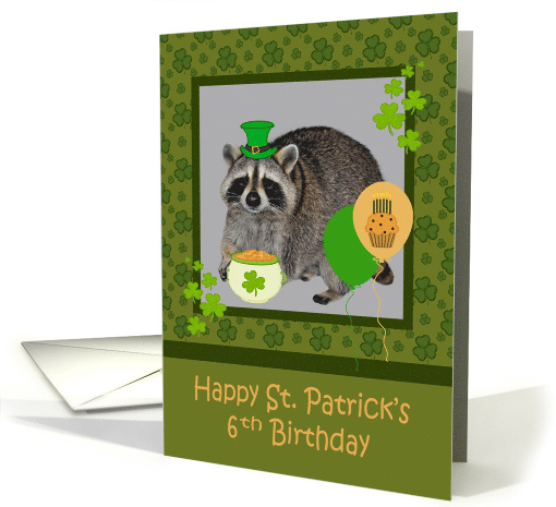 6th Birthday on St. Patrick's Day with a Raccoon and Shamrocks card