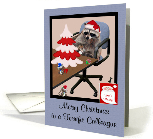 Christmas to Colleague, Adorable raccoon in an office setting card
