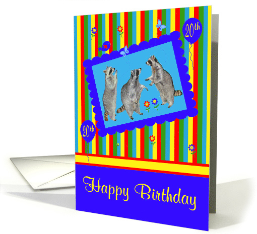 20th Birthday, adorable raccoons in a cute blue frame with... (938636)