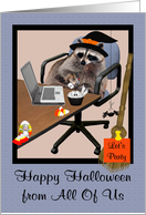 Halloween from All Of Us, Raccoon in an office setting wearing hat card