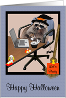 Halloween, office general, Raccoon in an office setting wearing hat card