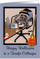 Halloween to Colleague, Raccoon in an office setting wearing witch hat card