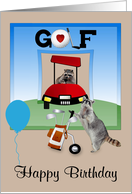Birthday Golf Theme with Adorable Raccoons Playing Golf and in Cart card