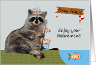 Congratulations on Retirement, Raccoon fishing holding a line of fish card