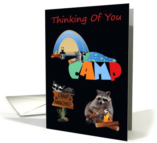 Thinking Of You At Summer Camp Card with a Raccoon by a Bonfire card