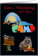 Thinking Of You to Son At Summer Camp with Raccoons Camping card