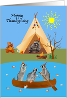 Thanksgiving, general, Raccoon Indians and pilgrim in tent and canoe card