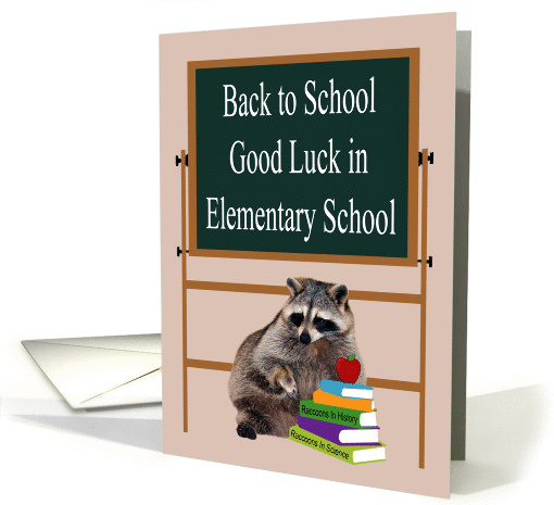 Back To Elementary School, Raccoon with Books and an apple card