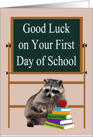 Good Luck on First Day of School a Raccoon with Books and an Apple card