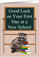 First Day At New School, A raccoon with Books and a red juicy apple card
