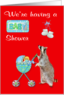 Invitations, Baby Shower, Boy, Raccoon pushing a blue stroller card