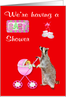 Invitations, Baby Shower, Girl, Raccoon pushing a pink stroller card