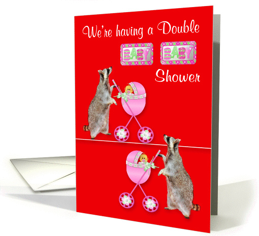Invitations, Double Baby Shower, Girls, Raccoons pushing... (940726)