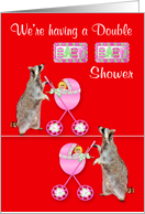 Invitations, Double Baby Shower, Girls, Raccoons pushing strollers card