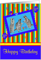 86th Birthday, adorable raccoons in a cute blue frame with balloons card