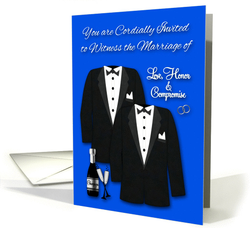 Invitations, Weddomg Gay, general, two tuxedos with champagne card