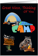 Thinking Of You Great Niece At Summer Camp with Raccoons Camping card