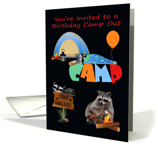Invitation to Birthday Party Camp Out with Cute Raccoons Camping card