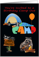 Invitation to Birthday Party Camp Out with Cute Raccoons Camping card