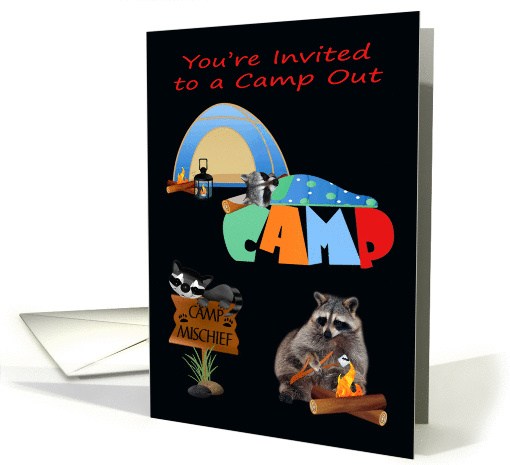 Invitations, Camp Out, general, Raccoons camping under night sky card