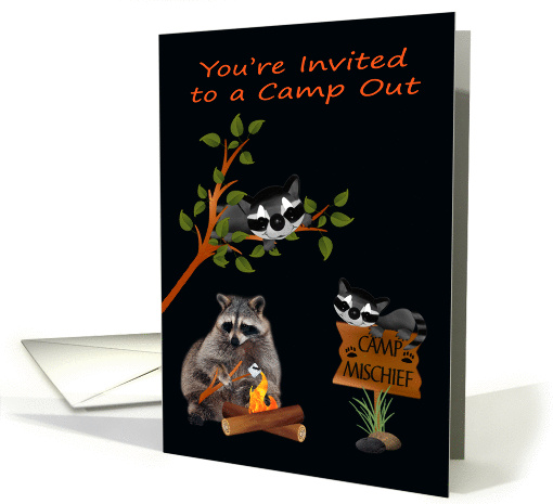 Invitations, Camp Out, general, Raccoon toasting a marshmallow card