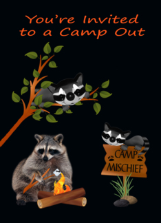 Invitations, Camp Out, general, Raccoon toasting a marshmallow