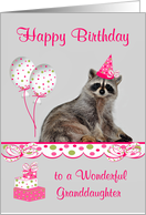Birthday to Granddaughter, adorable raccoon wearing a party hat card