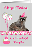 Birthday to Daughter, adorable raccoon wearing a party hat, balloons card