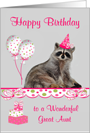 Birthday to Great Aunt, adorable raccoon wearing a party hat, balloons card