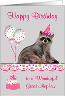 Birthday to Great Nephew, Raccoon wearing a Party Hat with Balloons card